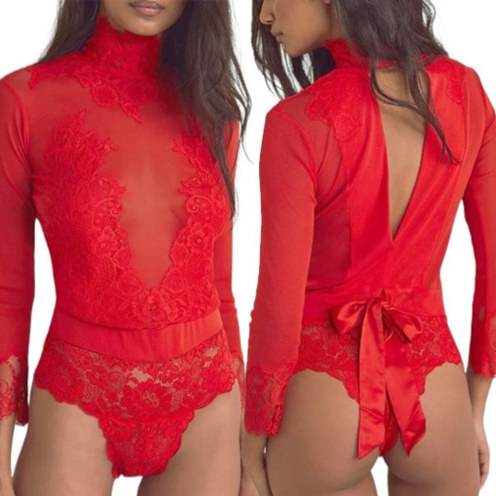 *50off3* NWT We Are HAH Take HAH Bow Reversible Bodysuit S Blood Orange Red Lace